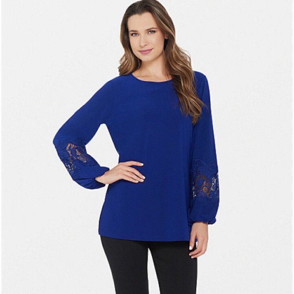 Dennis Basso Lace Trim Caviar Crepe Knit Tunic Blouse Size S